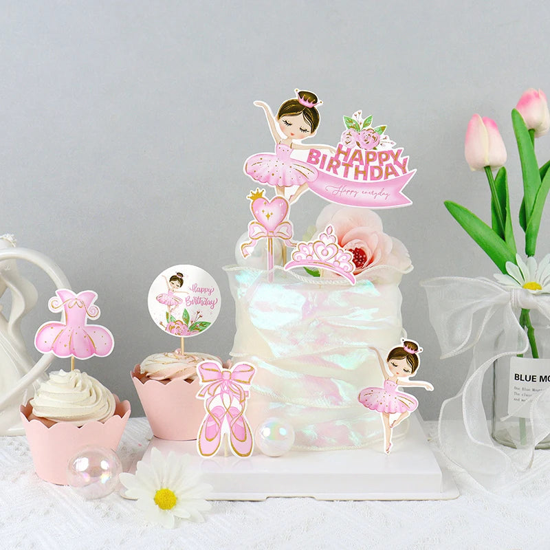 Pink Ballerina Girl Cake Topper Toppers Crown Dress Kids Happy Birthday Wedding Party Baby Shower Baking Cake Dessert DIY Decor Good Vibrations