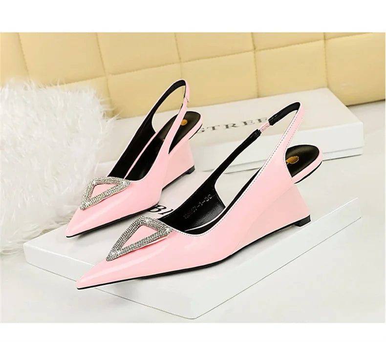 Wedges Women Shoes High Heel Shallow Pointed Toe Hollow Back Straps Patent Leather Triangle Metal Crystal Buckle Pumps Good Vibrations