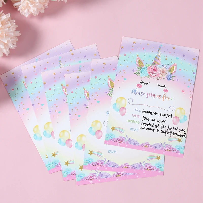 12pcs Invitation Card Unicorn Rainbow Balloon Envelope Card Girl Unicorn Theme Party Invitation Happy Birthday Party Decoration Good Vibrations