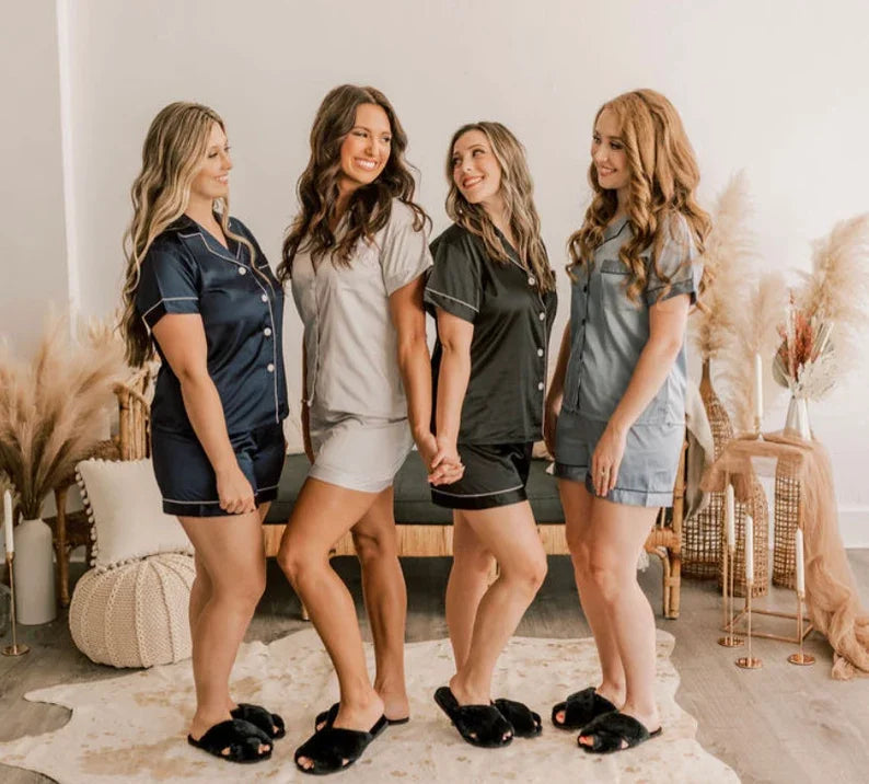 Personalized Monogram Pjs Bridesmaid Shorts Sets Silky Satin Pajamas Bridal Pajamas Set Bridesmaid Gifts Matching Bridesmaid Pjs Good Vibrations