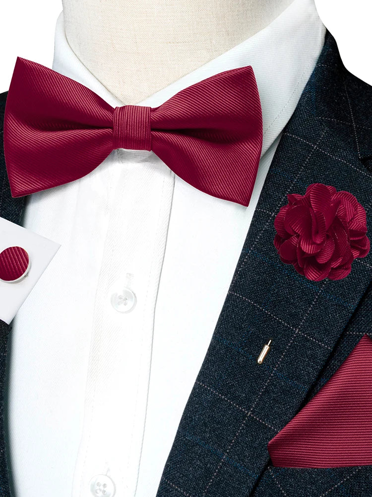 Wedding Bow Tie for Men Solid Pink Pre-tied Bowtie Pocket Square Cufflinks Corsage Set Party Business Silk Butterfly Knot Gift Good Vibrations