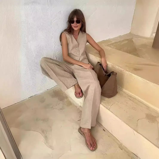 2025 New Women Linen Cotton Chic Vest & Pants Suit Two-Piece Set Office Ladies Summer Chic 2 Piece Sets Women's Outfits Good Vibrations