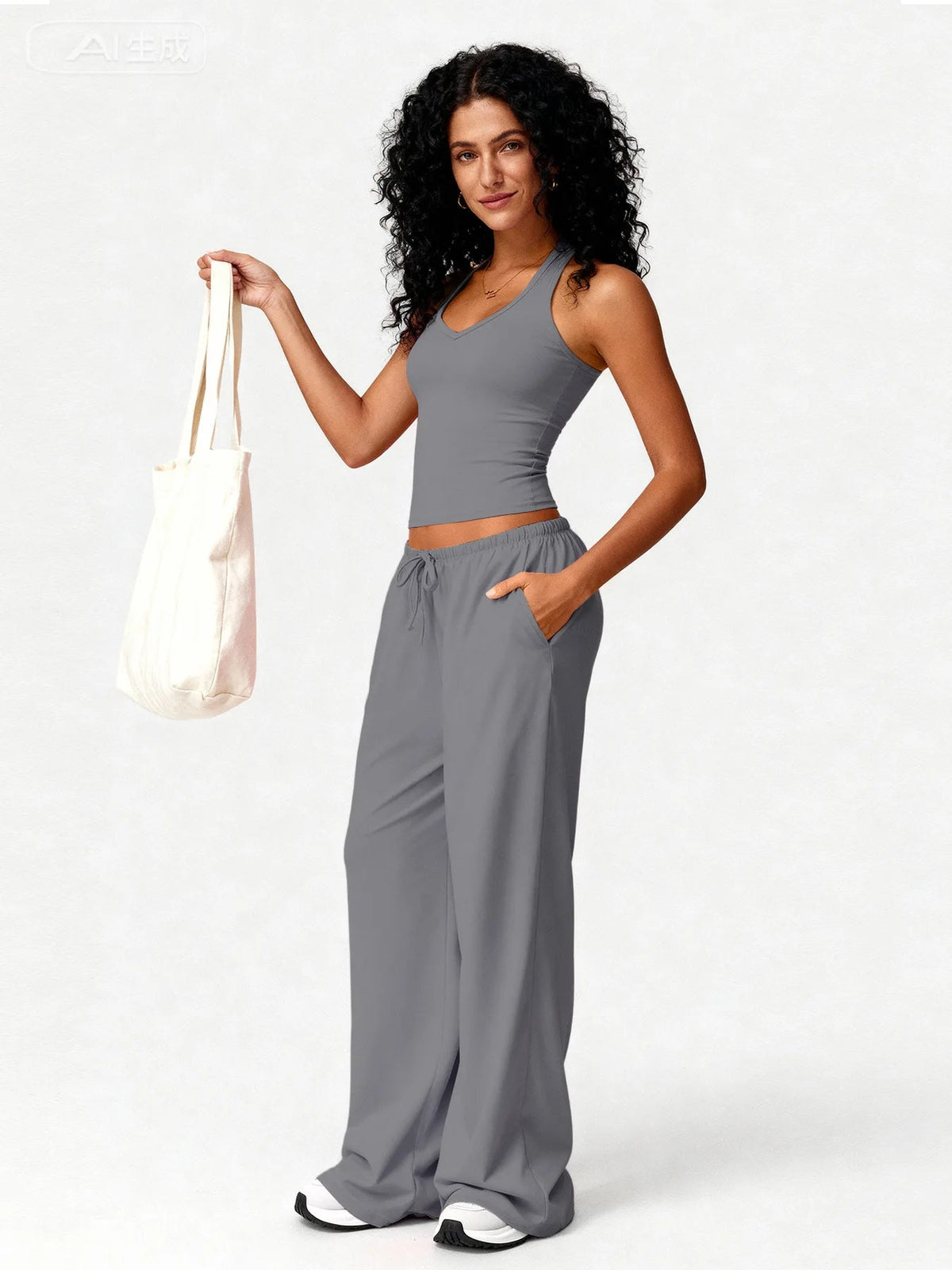 Women 2 Piece Yoga Outfit Ribbed Halter Crop Tank Top Drawstring Wide Leg Pants Set Casual Workout Gym Loungewear Tracksuit Good Vibrations