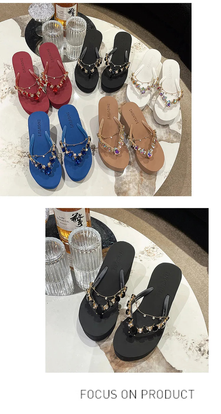 Flip Flops Women New High Heeled Slippers Women Diamond Slope Heel Slippers Elegant Fashion Beach Sandals Womens Sexy Shoes Good Vibrations