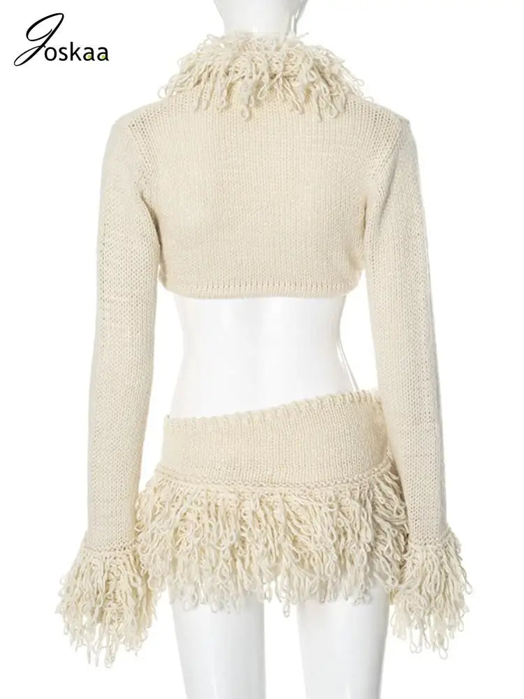 Joskaa knitted tassels 2 piece set with long sleeves, back view showing lace and tassel details, perfect for clubwear.