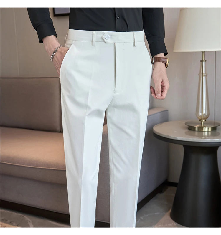 Men Suit Pants 2025 Elastic Slim Fit Formal Dress Pants Solid Casual White Trousers Pantalon Homme Wedding Party Men Clothing Good Vibrations