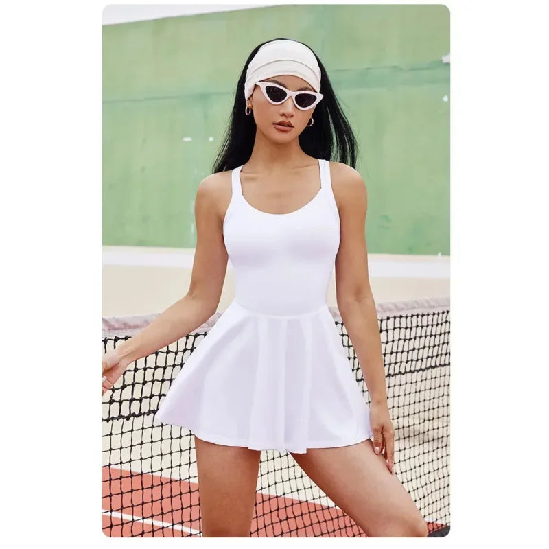 Women Tennis Dress One-Pieces Slim Fit Soft Sports Sets Golf Badminton Skorts Back Cross Tracksuits With Chest Pads Yoga Suits O Good Vibrations