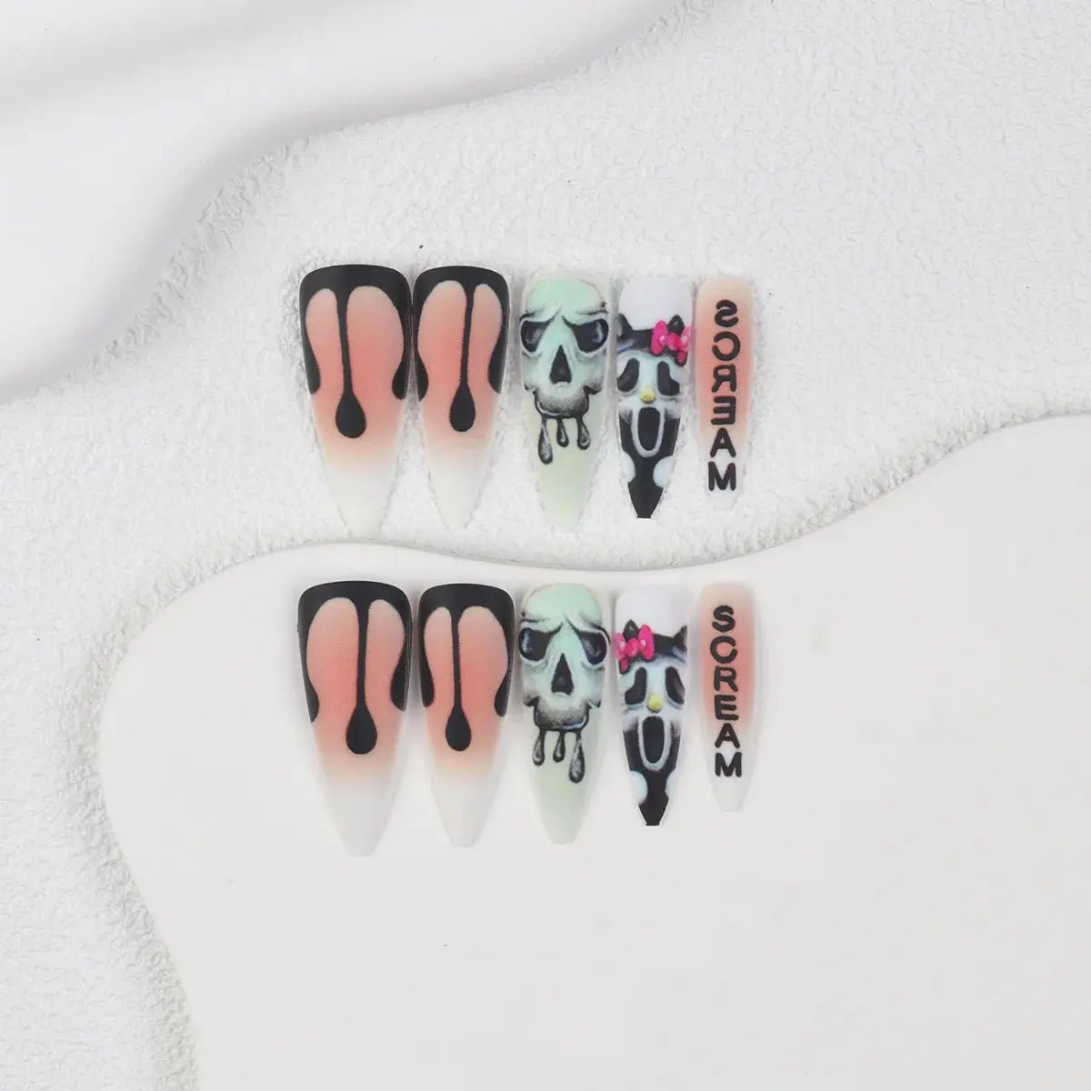 24pcs Long Sharp Halloween Series Horror Ghost Matte Fake Nails Horror Theme Fingernails for Halloween Party Good Vibrations
