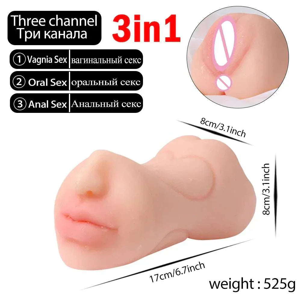 3-in-1 realistic pocket pussy with three channels for oral, vaginal, and anal stimulation.