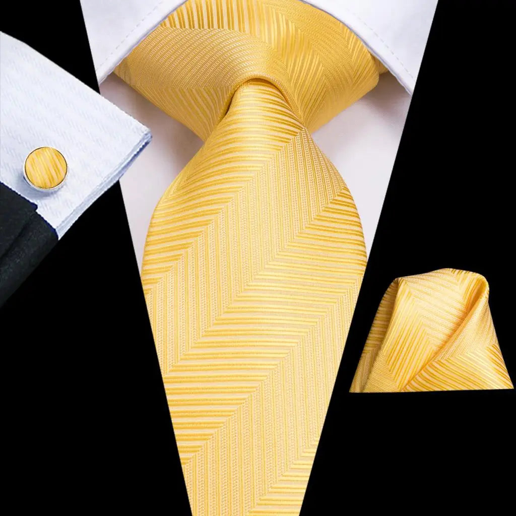 Hi-Tie Champagne Gold Striped Paisley Solid Men Silk Wedding Tie Fashion Design Necktie For Men Hanky Cufflink Business Party Good Vibrations
