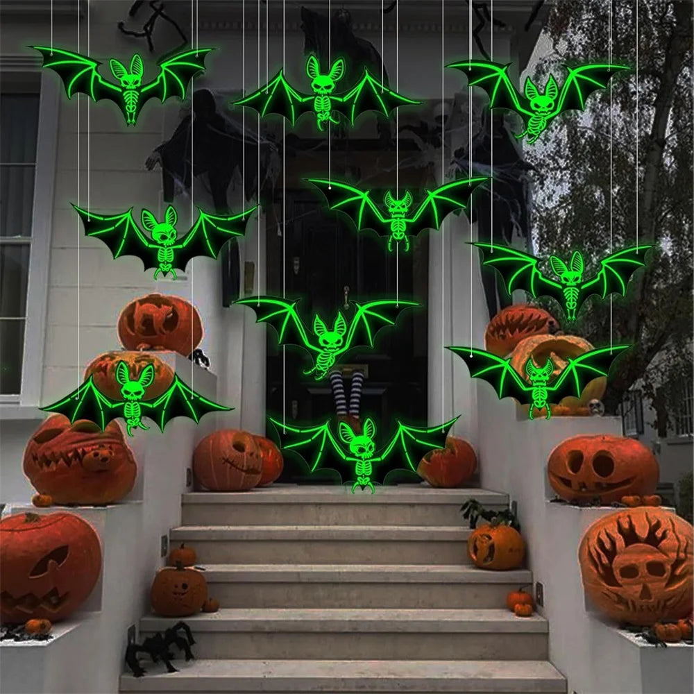 10pcs Halloween Hanging Glow-in-the-Dark Bats - 3D Glowing Green Plastic Decorations for Haunted House Parties Good Vibrations
