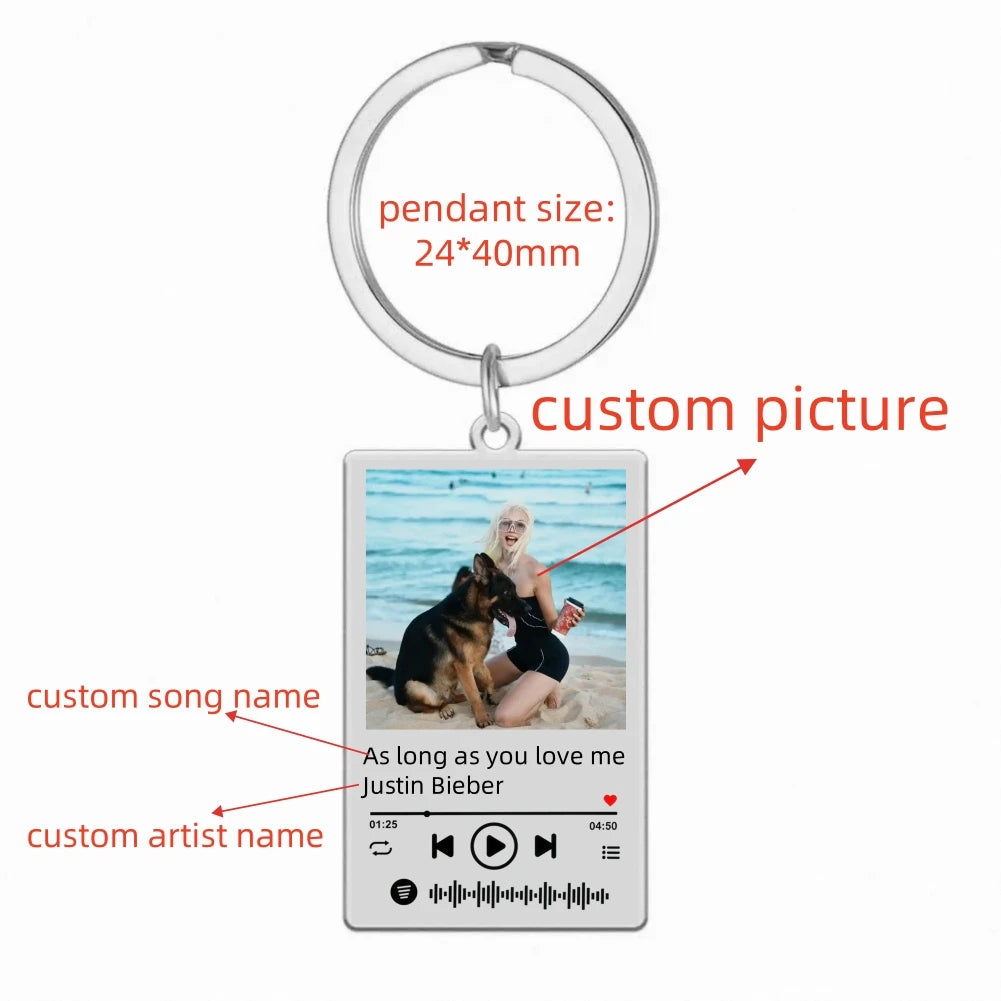 Jeshayuan Custom Picture Keychain Customized Music Song Key Ring Stainless Steel Personalized Photo Keychains Gifts for Lover Good Vibrations