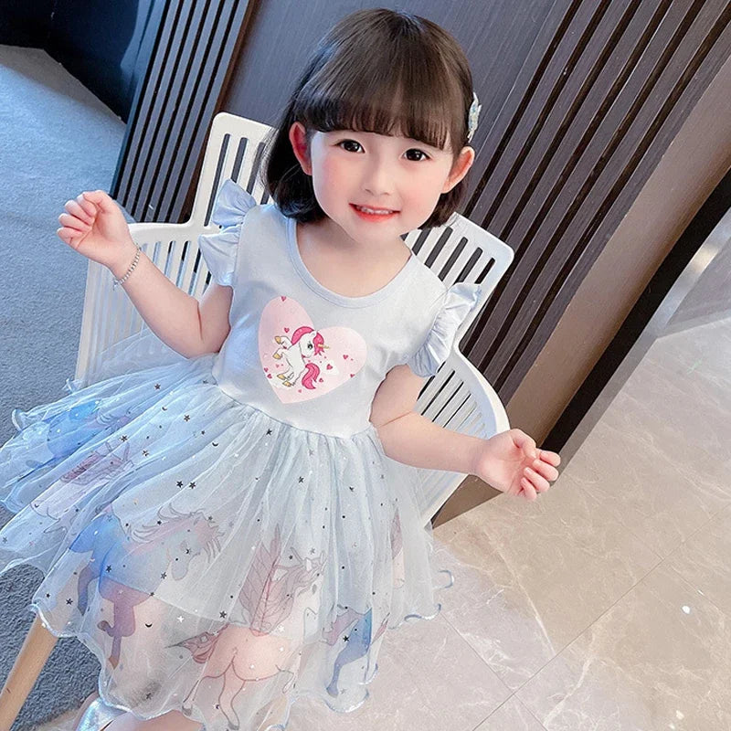 Girls Clothes 2025 New Summer Princess Dresses Flying Sleeve Kids Dress Unicorn Party Girls Dresses Children Outing Clothing 3-8 Good Vibrations