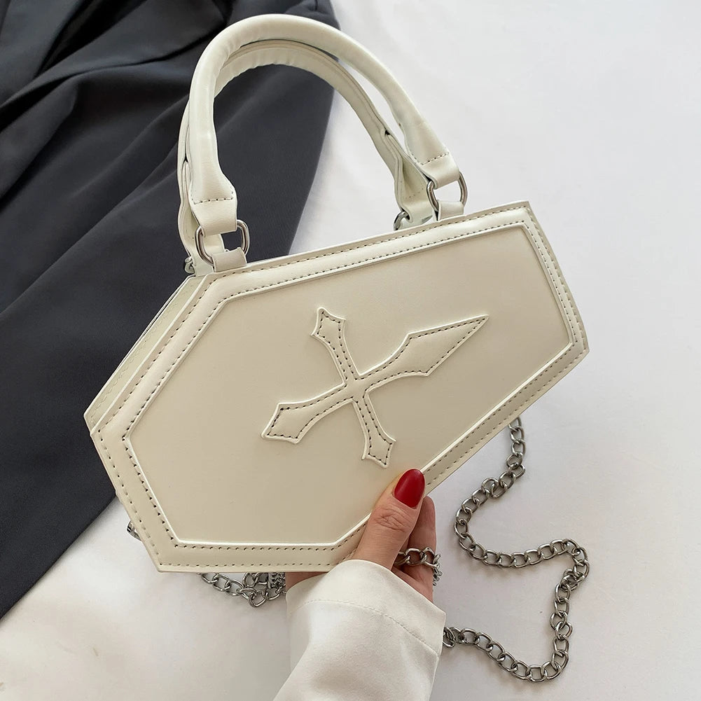 Women Crossbody Bag Large Capacity Coffin Shape Phone Shoulder Bag Halloween PU Top Handle Bag for Travel Make Up Cosmetic Bag Good Vibrations