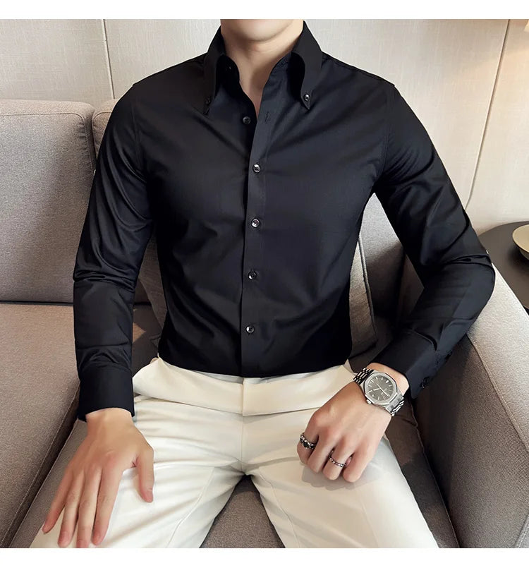 High Quality Versatile Business Casual Shirt Men Korean Fashion Long Sleeved Slim Fit Shirt Office Work Uniform Men Clothing 6XL Good Vibrations