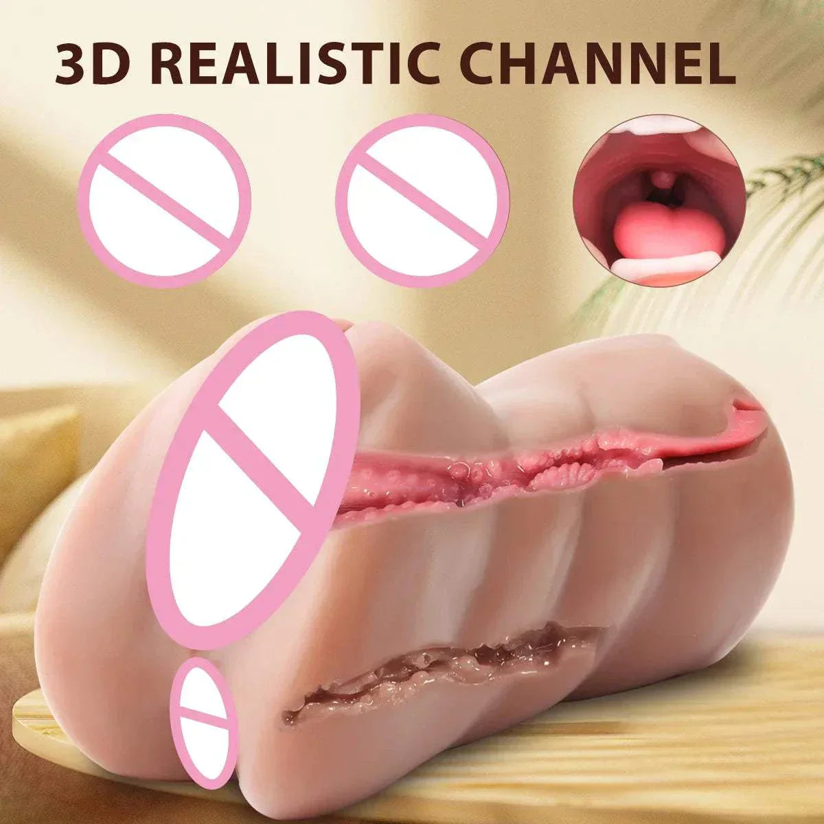 3 in 1 male masturbator cup with realistic artificial vagina, anus, and mouth textures.