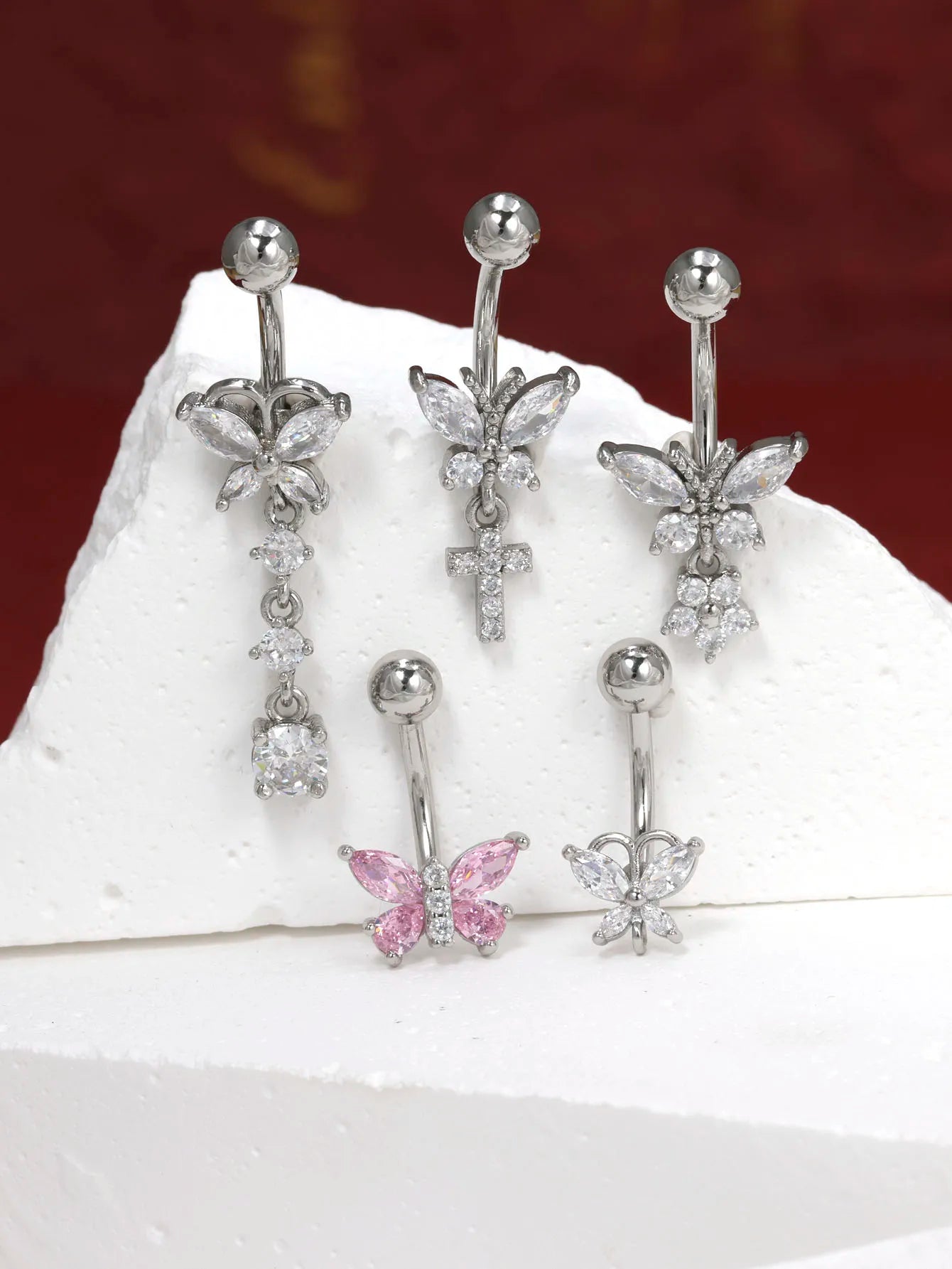 Butterfly Dangle Belly Button Ring Surgical Steel Navel Rings Pink Zircon Umbilical Ring Hypoallergenic Tummy Ring  Piercing Good Vibrations Adult Super Store