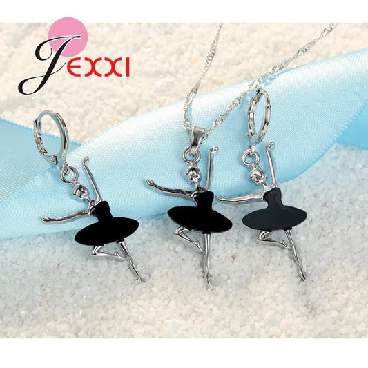 Charming Girl Doll Pendant Necklace Earrings 925 Sterling Silver Black Dress Ballet Fashion Woman Zircon Stone Jewelry Set Good Vibrations