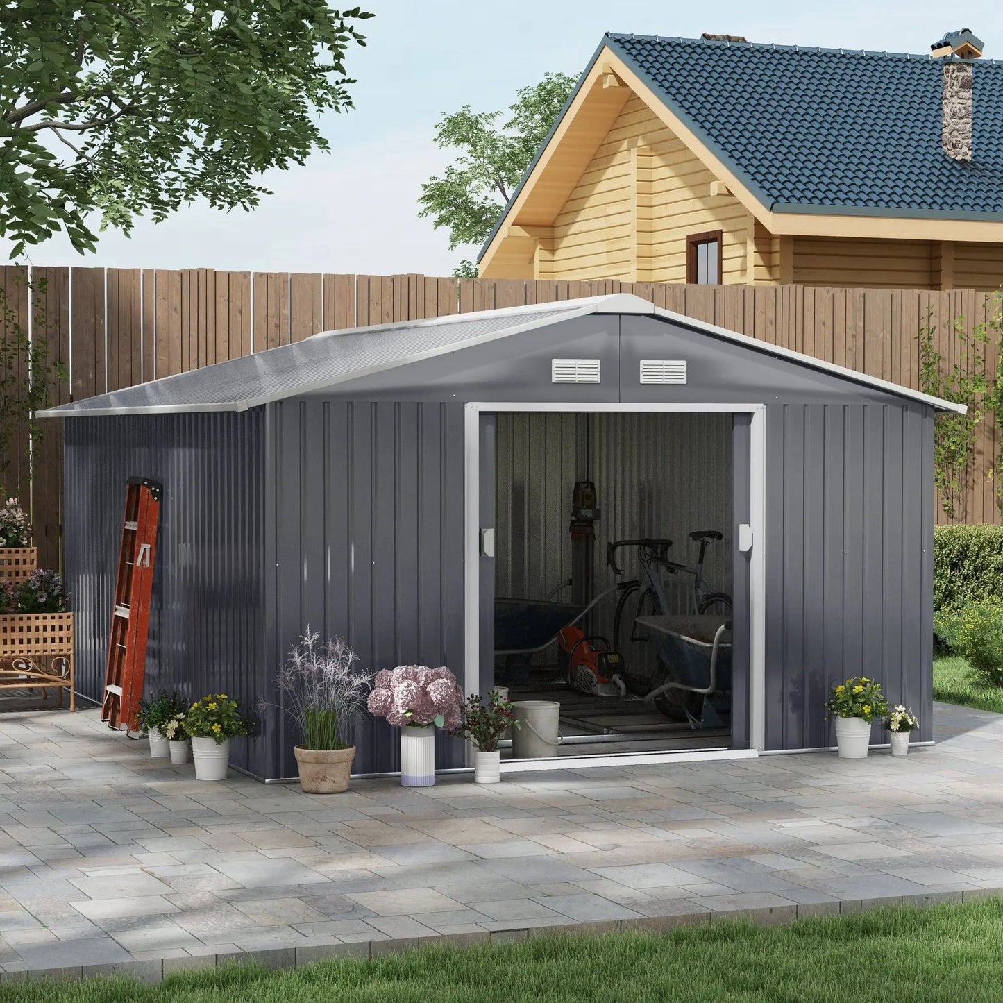 12.6' x 11' Metal Storage Shed, Garden Tool House with Double Sliding Doors, 4 Air Vents for Backyard, Patio & Lawn, Dark Gray Good Vibrations