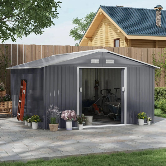 12.6' x 11' Metal Storage Shed, Garden Tool House with Double Sliding Doors, 4 Air Vents for Backyard, Patio & Lawn, Dark Gray Good Vibrations