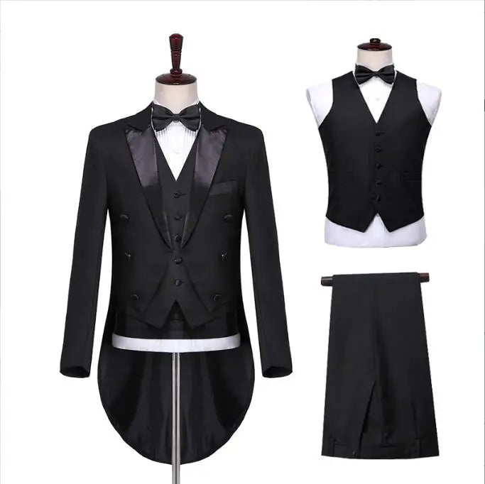 Mens Tuxedo Tailcoat Formal Dress Suits Swallow Tail Coat Navy Blue Male Jacket and Pants Party Wedding Dance Magic Performance Good Vibrations
