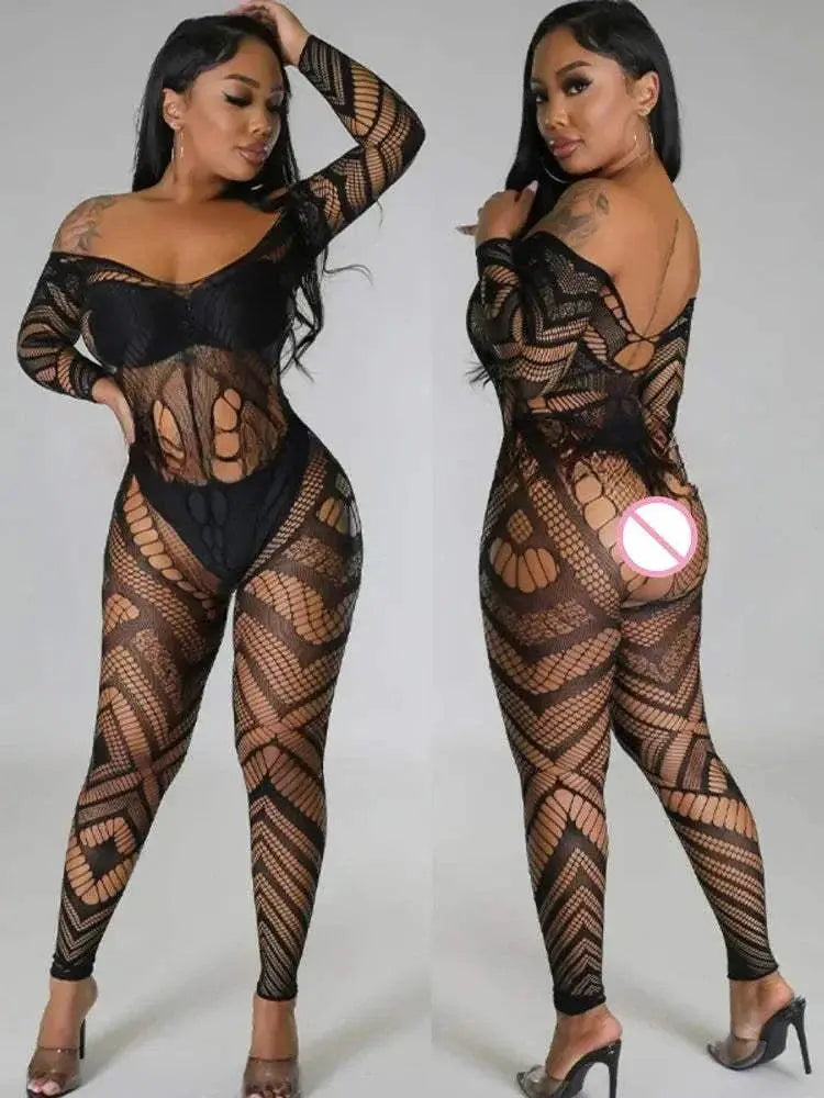 Mesh Transparent Full Body Stockings Erotic Jumpsuit for Ladies GOOD Vibrations
