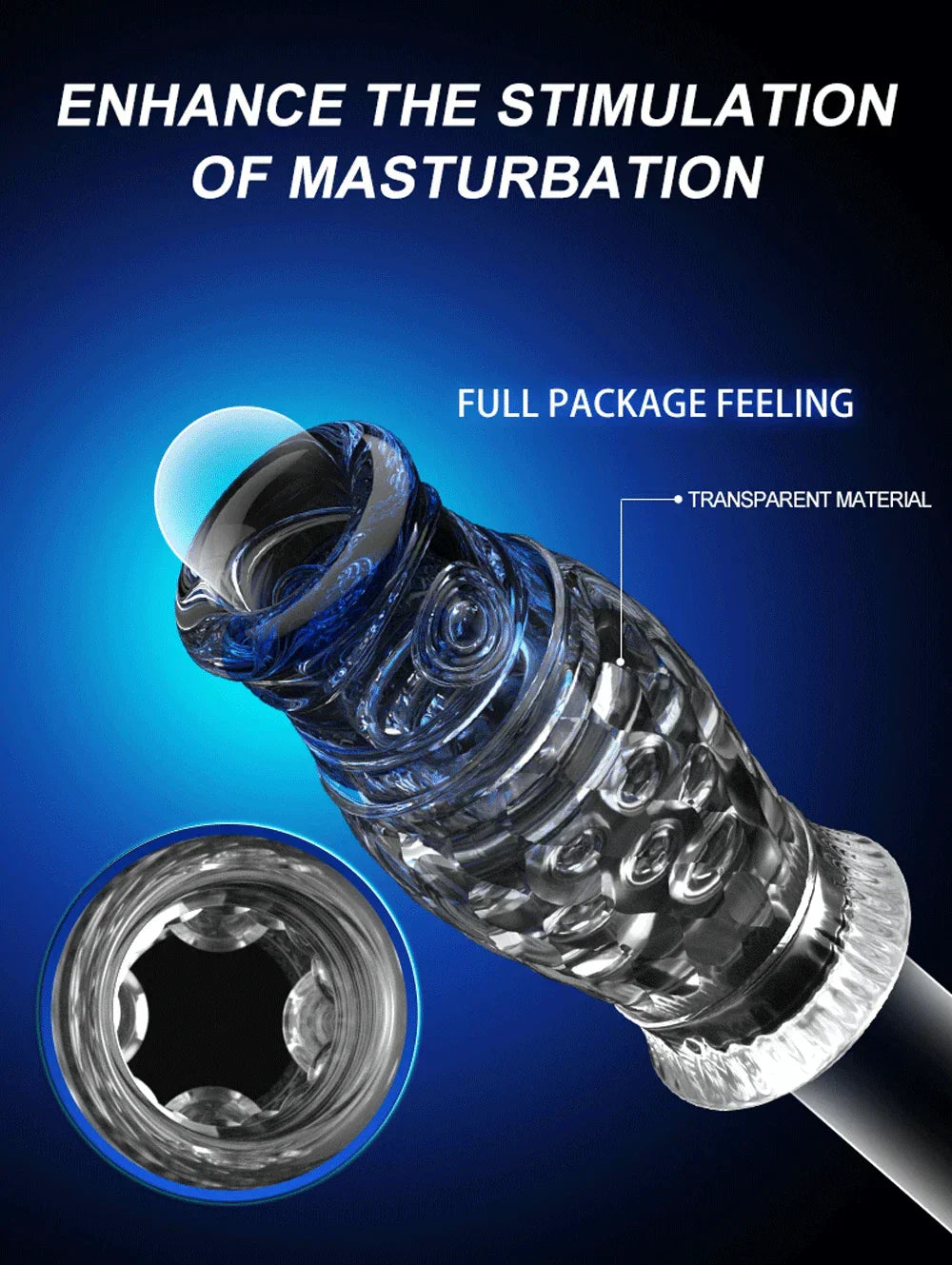 Male masturbator cup with transparent silicone material for enhanced stimulation.