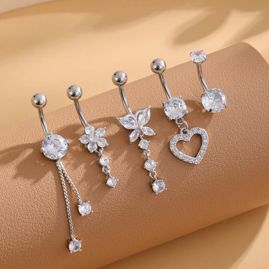 5pcs/lot Dangled Belly Button Rings Belly Piercing Sets 14G Butterfly Heart Curved Navel Piercing for Women Girls Body Jewelry Good Vibrations Adult Super Store