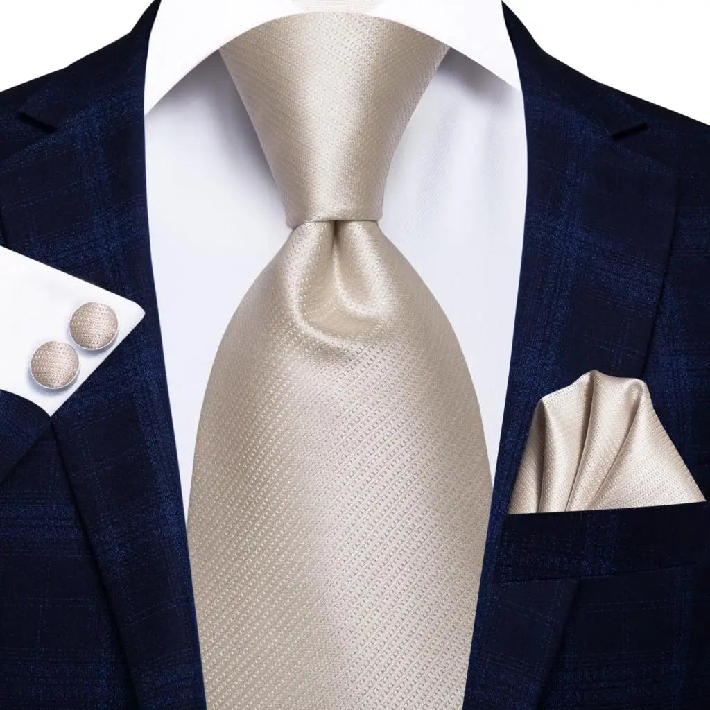 Hi-Tie Champagne Gold Striped Paisley Solid Men Silk Wedding Tie Fashion Design Necktie For Men Hanky Cufflink Business Party Good Vibrations