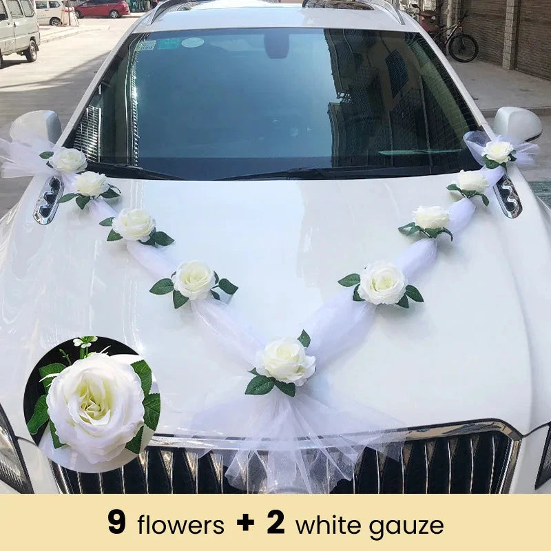 White Rose Artificial Flower for Wedding Car Decoration Bridal Car Decorations Door Handle Ribbons Silk Flower Good Vibrations