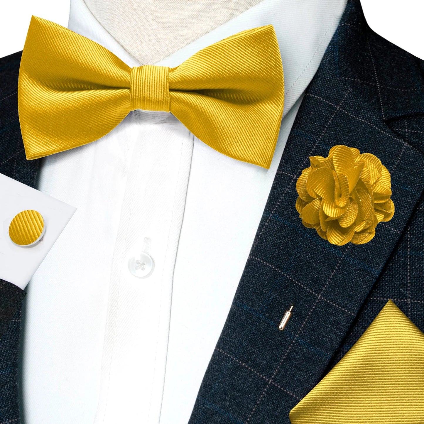 Wedding Bow Tie for Men Solid Pink Pre-tied Bowtie Pocket Square Cufflinks Corsage Set Party Business Silk Butterfly Knot Gift Good Vibrations