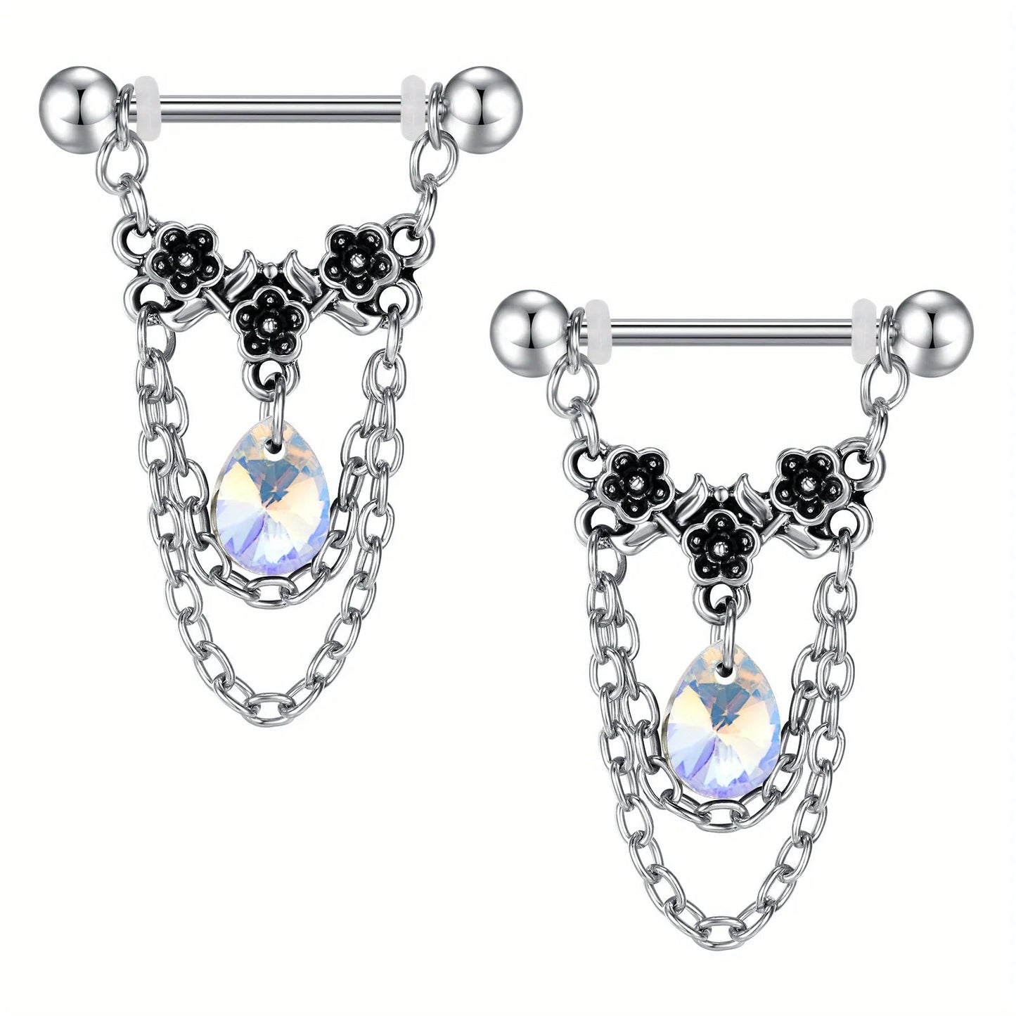 1pair Stainless Steel Nipple Rings, Nipple Barbell With Chain CZ, Nipple Piercing Jewelry Good Vibrations Adult Super Store