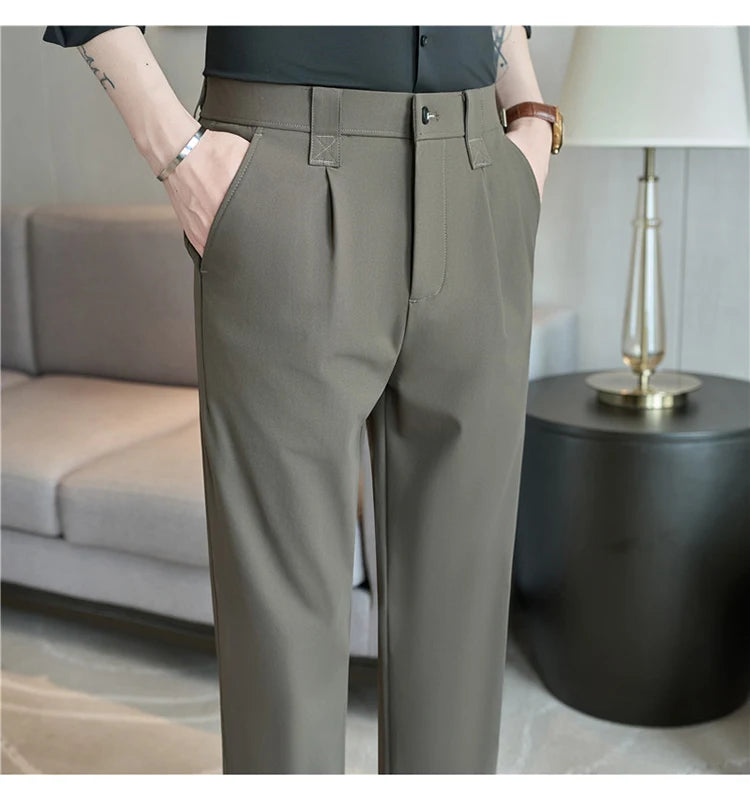 Men Straight Leg Suit Pants Summer Ice Silk Lightweight Elastic Waist Casual Loose Wide-leg Trousers Dress Pants Men Clothing
