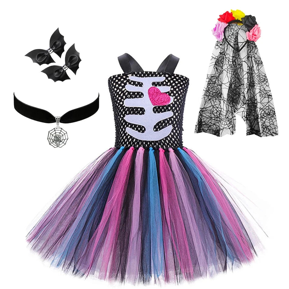 Halloween Kids Dress Cosplay Heart Print Skeleton Costumes Girls Floral Skull Tutu Clothes Children Carnival Performance Outfits Good Vibrations