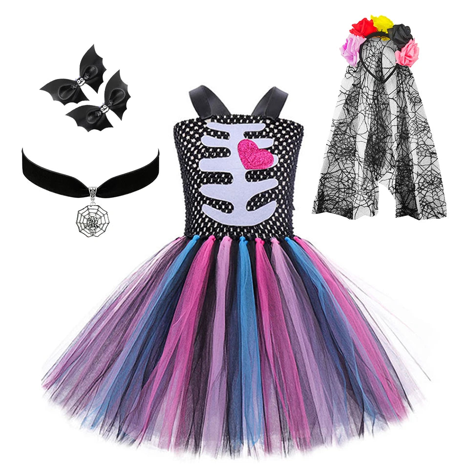 Halloween Kids Dress Cosplay Heart Print Skeleton Costumes Girls Floral Skull Tutu Clothes Children Carnival Performance Outfits Good Vibrations