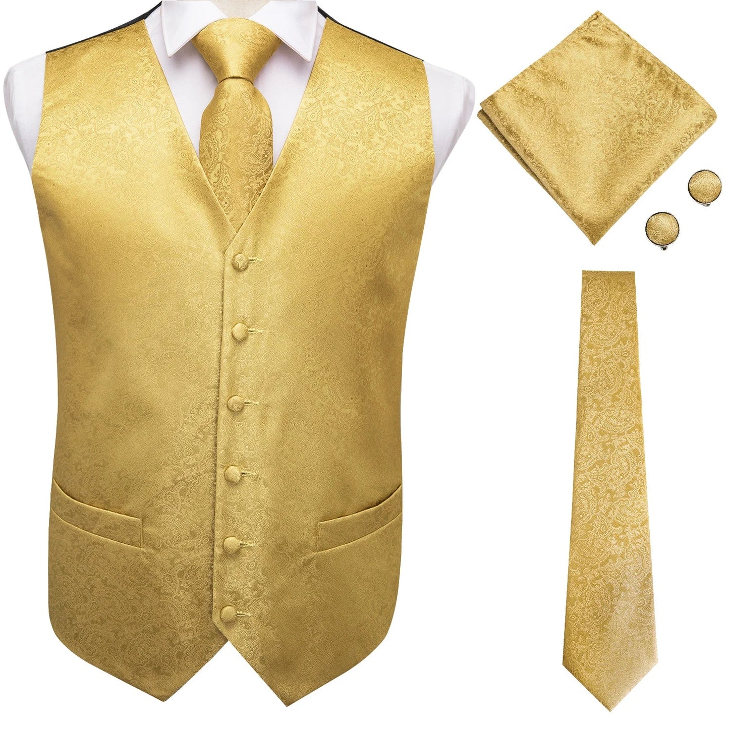Hi-Tie Black Men Silk Vest Paisley Jacquard Necktie Hankerchief Cufflinks Sets Male Sleeveless V-Neck Waistcoat Business Formal Good Vibrations