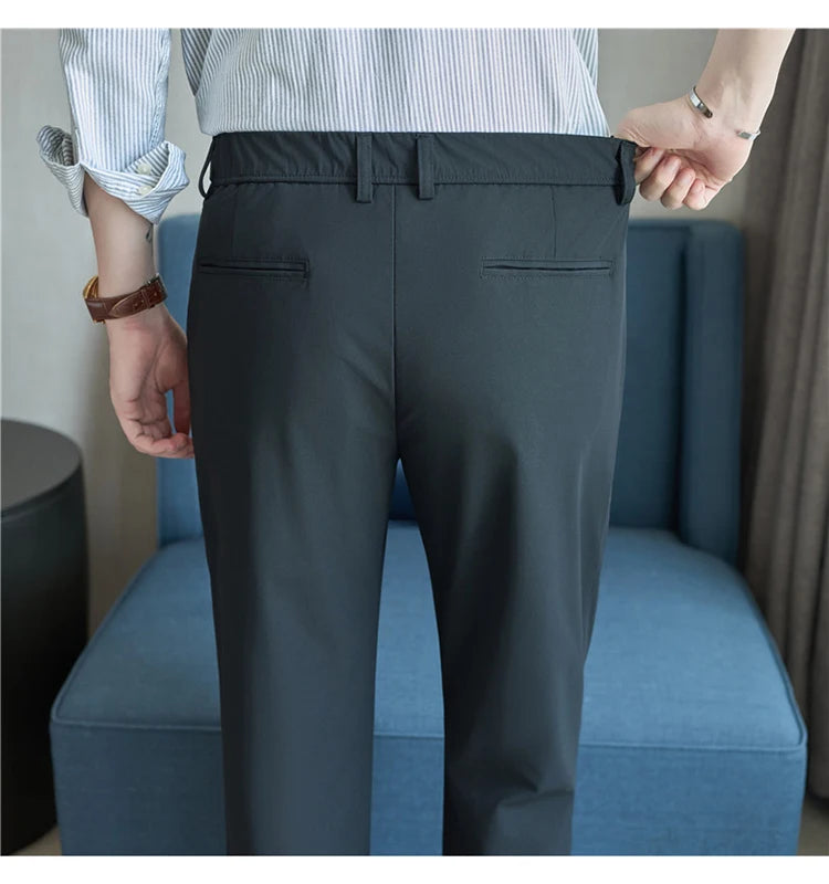 Men Straight Leg Suit Pants Summer Ice Silk Lightweight Elastic Waist Casual Loose Wide-leg Trousers Dress Pants Men Clothing