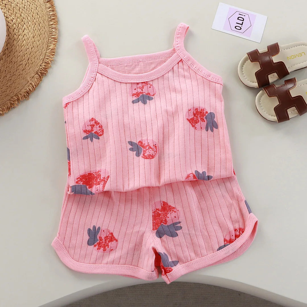 Girls Summer Clothes Sets New Baby Sleeveless Tops Shorts 2 Pieces Suit Girls Square Collar Clothing Set Kids Cotton Clothes Good Vibrations