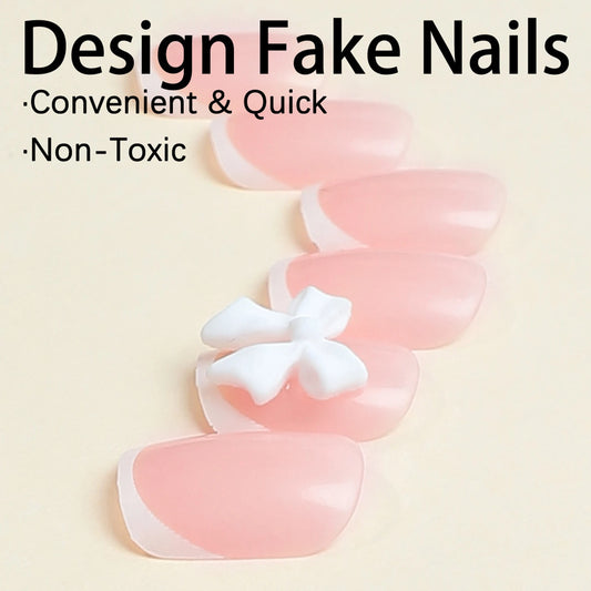 White French Press on Nails 3D Bowknot Fake Nails Tips Full Cover Wearable False Nails for Women and Girls DIY Manicure 24Pcs Good Vibrations