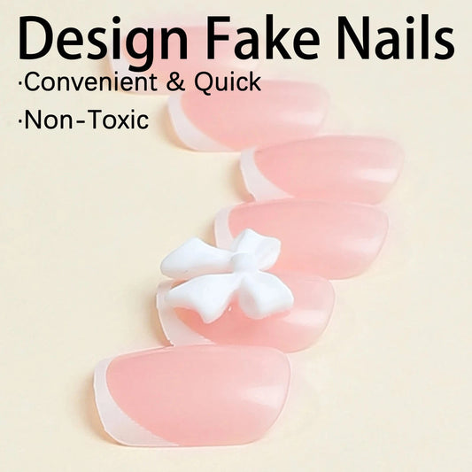 White French Press on Nails 3D Bowknot Fake Nails Tips Full Cover Wearable False Nails for Women and Girls DIY Manicure 24Pcs Good Vibrations