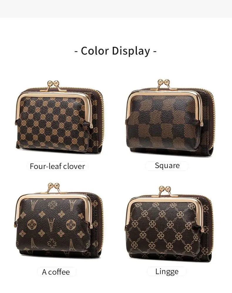 Vintage women's wallet with multi-patterned PU leather, zipper closure, card holder, and kiss lock coin purse with wristband.