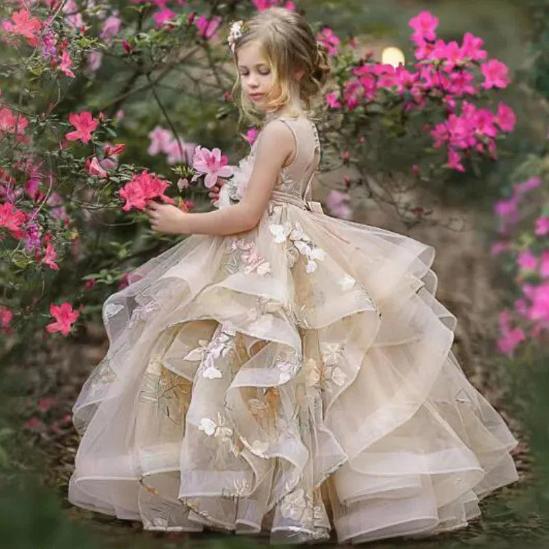 Customized Flower Girl Dress Champagne Sleeveless Tiered Tulle Applique Fit Wedding Princess Dress Holy Communion Birthday Gowns Good Vibrations