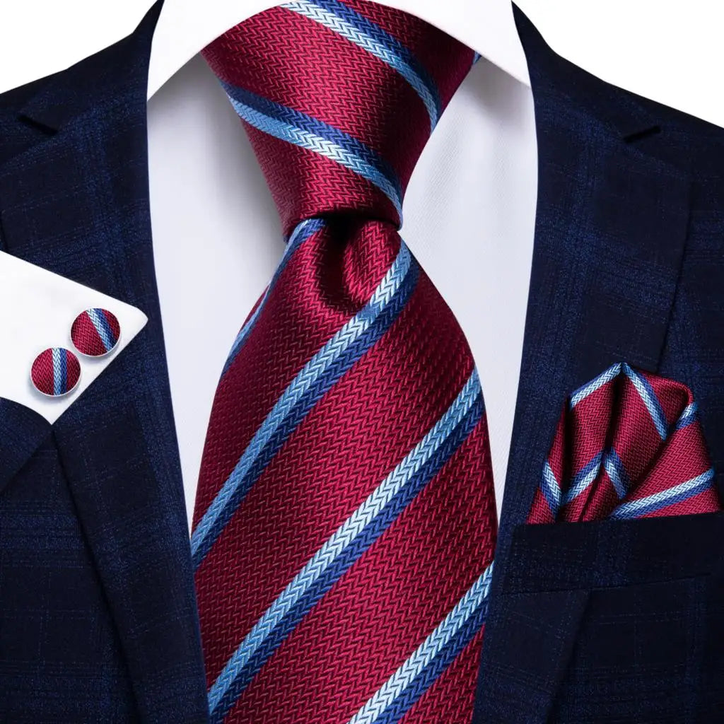 Hi-Tie Designer Red Burgundy Plaid Silk Wedding Tie For Men Handky Cufflink Gift Mens Necktie Fashion Business Party Dropshiping Good Vibrations