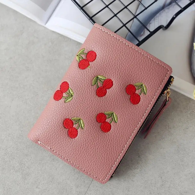 Women Vertical Buckle Cherry Embroidered Small Short Wallet Simple Wallet Girls Zipper Purse Good Vibrations