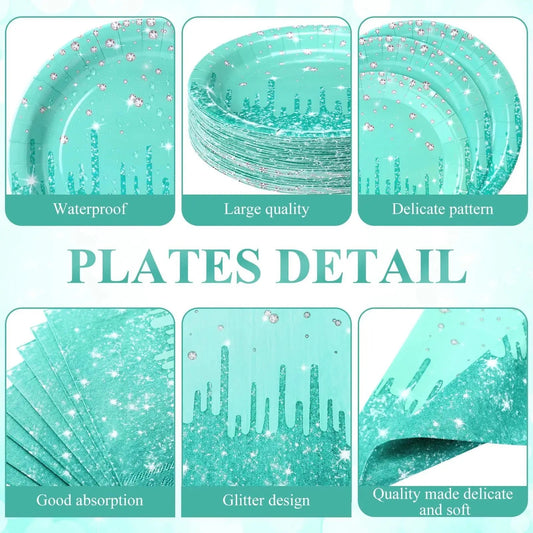 25PCS Paper Disposable Tableware Set Blue Green Glitter Plates Napkins & Cups for Ladies Birthday, Anniversary & Wedding Party Good Vibrations