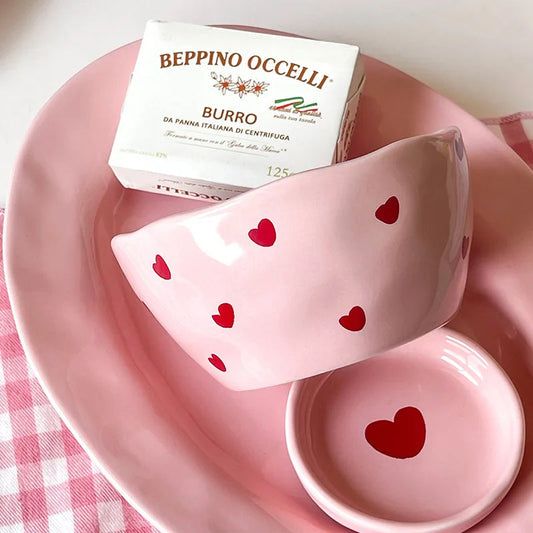 Salad Bowl Pink Heart Pattern Ceramic Plate Coffee Cup Children Dessert Bowl Household Cute Dinner Plates Restaurant Tableware Good Vibrations