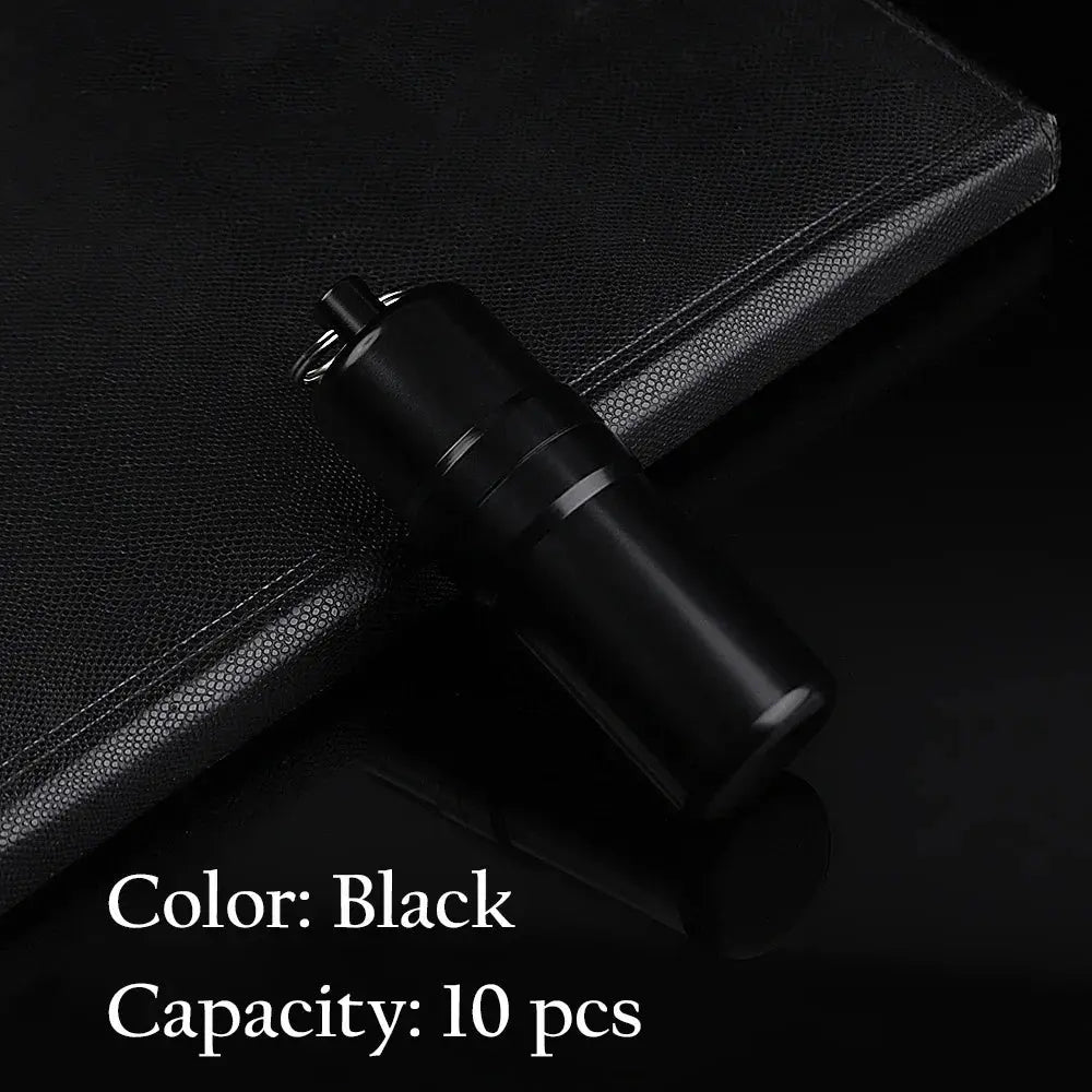 Black metal cigarette case with keychain, waterproof, 10 cigarette capacity, portable travel design.