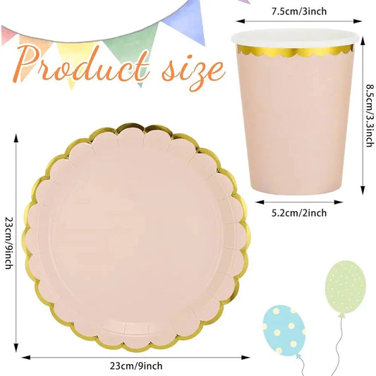 80 Pcs 9 In Pastel Scalloped Paper Plates Dessert Plates 9 Oz Disposable Paper Cup With Metallic Gold Border Pastel Cup Good Vibrations