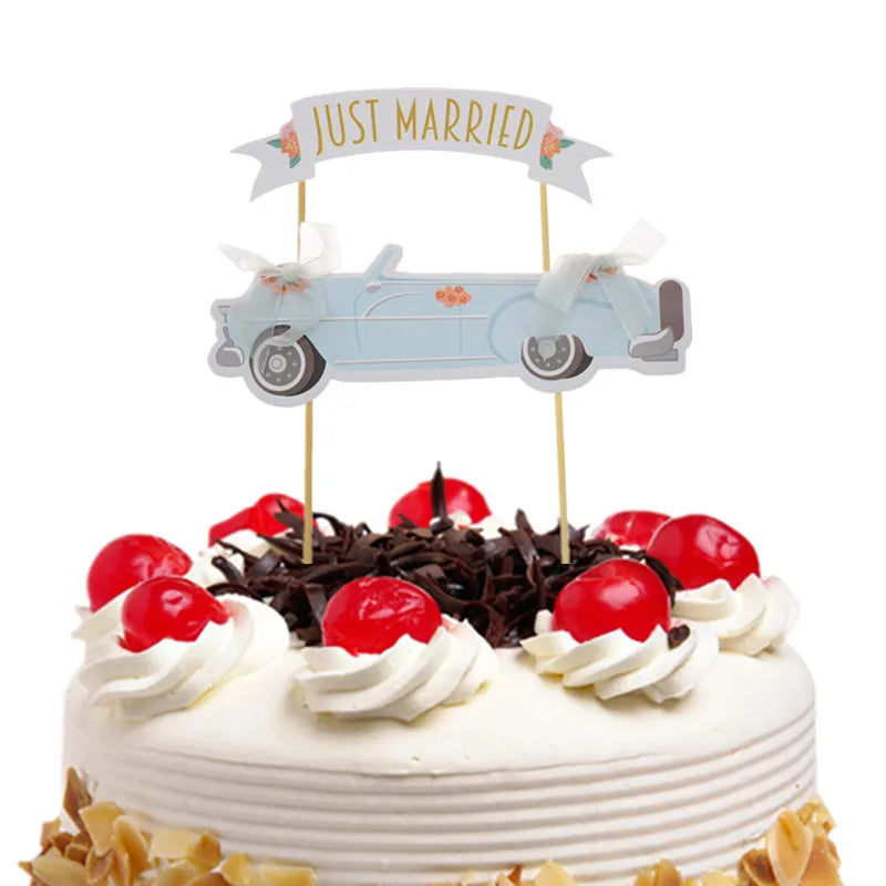 Wedding Cake Topper JUST MARRIED Cupcakes flags Unique Wedding 1set Cake Flags Bride Groom Party Decor New Car Cake Toppers Good Vibrations