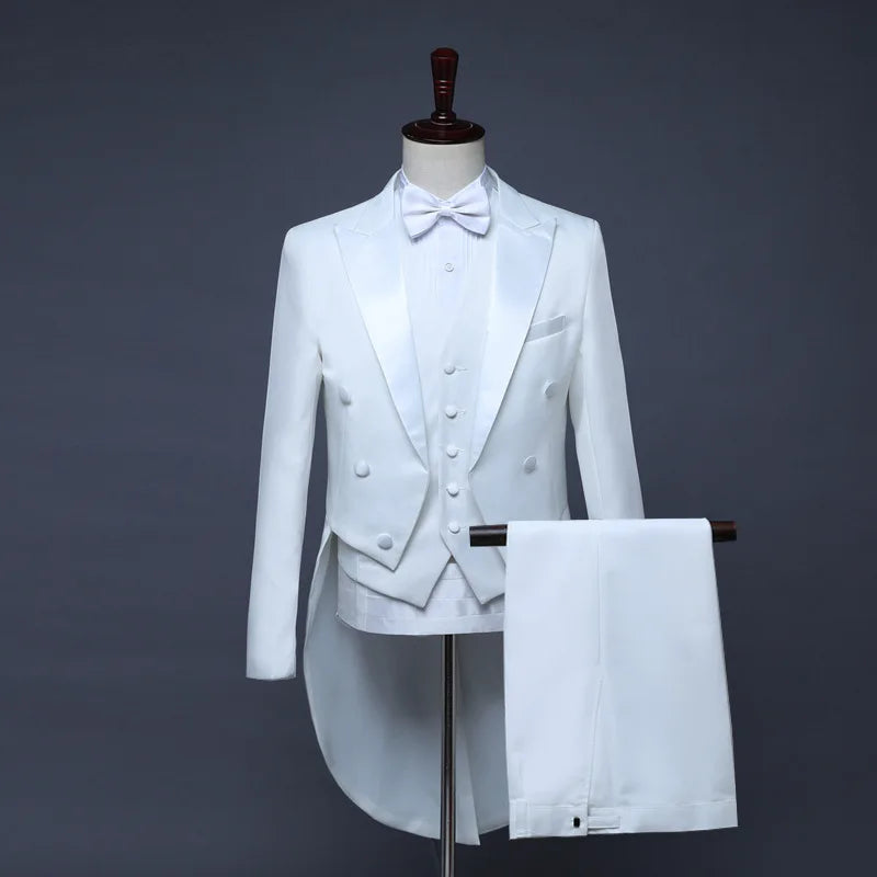 Mens Tuxedo Tailcoat Formal Dress Suits Swallow Tail Coat Navy Blue Male Jacket and Pants Party Wedding Dance Magic Performance Good Vibrations